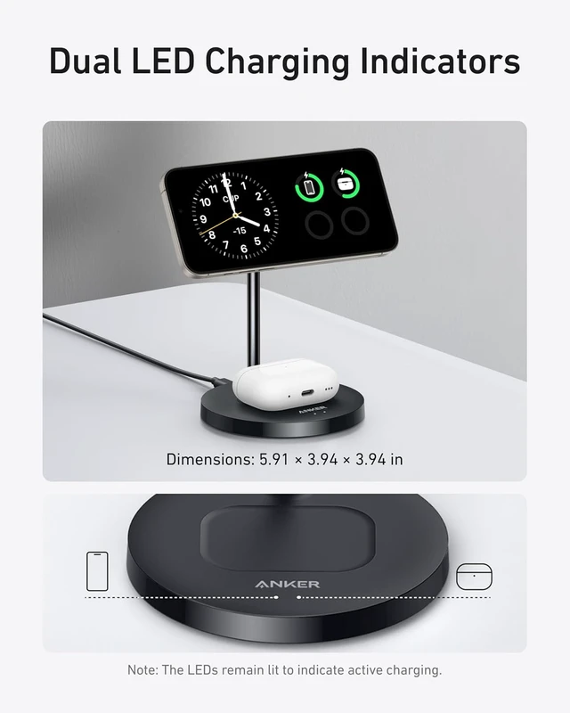 Alt view image 5 of 6 - Anker MagGo 2-in-1 MagSafe Compatible Qi2 15W Wireless Charging Stand, Qi2 Certified, Fast Charging, Wireless Charger for iPhone 18 Pro / 17, AirPods Pro, and More (Black, 40W Adapter Included)