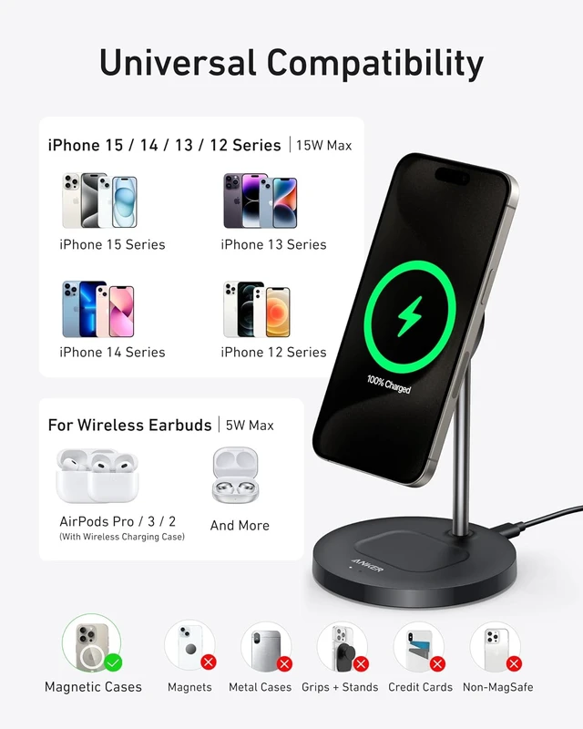 Alt view image 6 of 6 - Anker MagGo 2-in-1 MagSafe Compatible Qi2 15W Wireless Charging Stand, Qi2 Certified, Fast Charging, Wireless Charger for iPhone 18 Pro / 17, AirPods Pro, and More (Black, 40W Adapter Included)