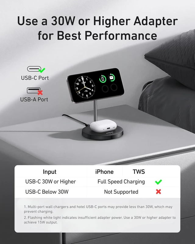 Alt view image 3 of 6 - Anker MagGo 2-in-1 MagSafe Compatible Qi2 15W Wireless Charging Stand, Qi2 Certified, Fast Charging, Wireless Charger for iPhone 18 Pro / 17, AirPods Pro, and More (Black, 40W Adapter Included)