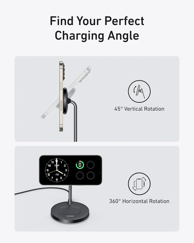 Alt view image 4 of 6 - Anker MagGo 2-in-1 MagSafe Compatible Qi2 15W Wireless Charging Stand, Qi2 Certified, Fast Charging, Wireless Charger for iPhone 18 Pro / 17, AirPods Pro, and More (Black, 40W Adapter Included)