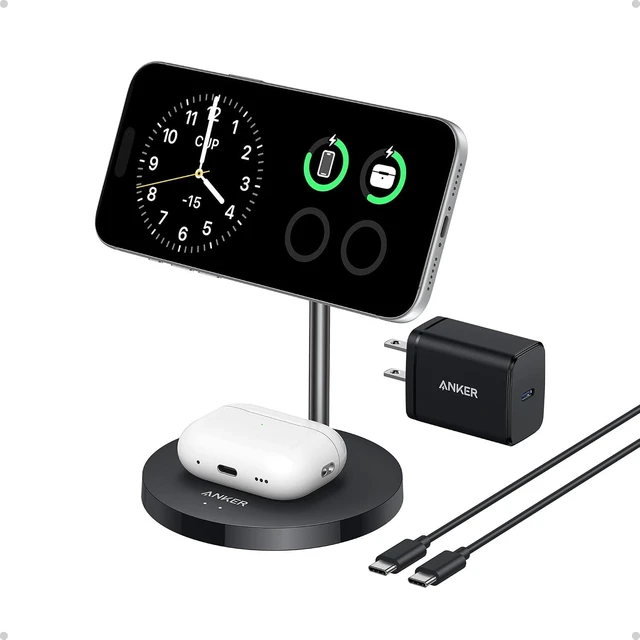 Main image of Anker MagGo 2-in-1 MagSafe Compatible Qi2 15W Wireless Charging Stand, Qi2 Certified, Fast Charging, Wireless Charger for iPhone 18 Pro / 17, AirPods Pro, and More (Black, 40W Adapter Included)