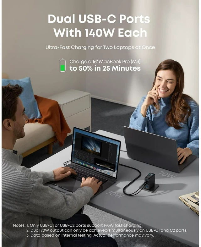 Alt view image 2 of 7 - Anker 140W MAX USB C Laptop Charger (4-Port) and 25,000mAh Portable Power Bank (4-Port) with Built-in & Retractable Cables