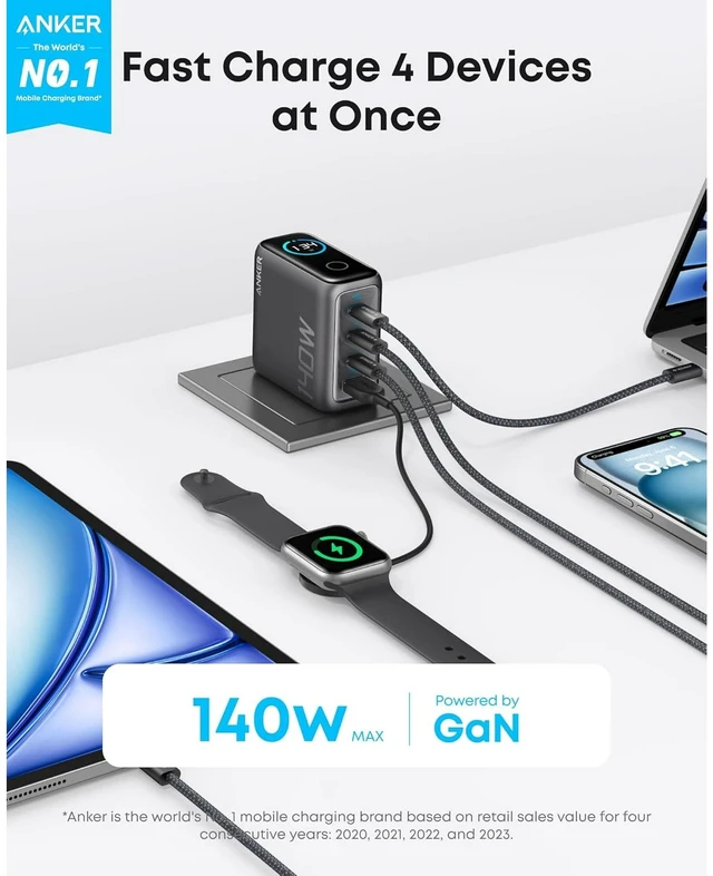Alt view image 6 of 7 - Anker 140W MAX USB C Laptop Charger (4-Port) and 25,000mAh Portable Power Bank (4-Port) with Built-in & Retractable Cables