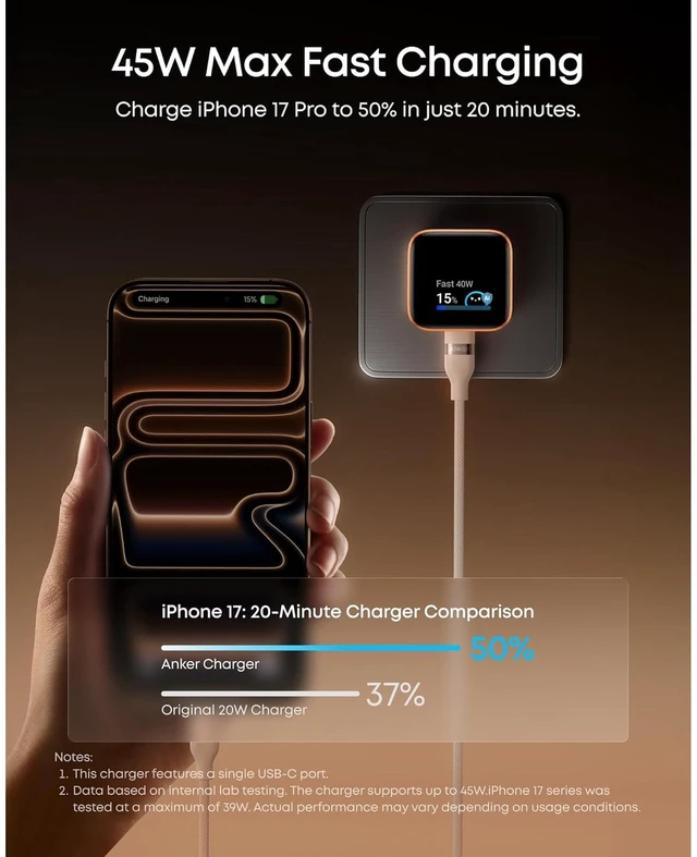 Alt view image 3 of 5 - Anker Nano USB-C GaN Charger (45W Max) + Anker Nano USB-C to USB-C Cable (6 ft, 240W)