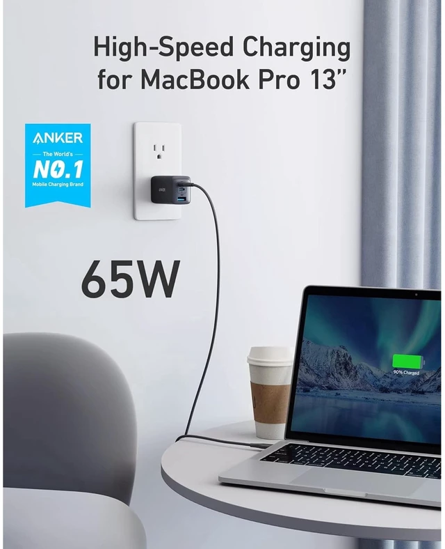 Alt view image 4 of 6 - Anker USB-C Charger (65W, 3-Port, Foldable) + Anker USB-C to USB-C Cable (6 ft, 60W, 2-Pack)