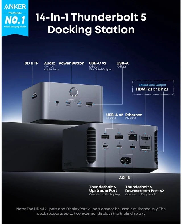 Alt view image 2 of 6 - Anker Prime TB5 Docking Station (14-Port, 8K, Thunderbolt 5, 140W Max Charging) + Anker Prime Thunderbolt 5 USB-C to USB-C Cable (3.3 ft, 240W, 80 Gbps)