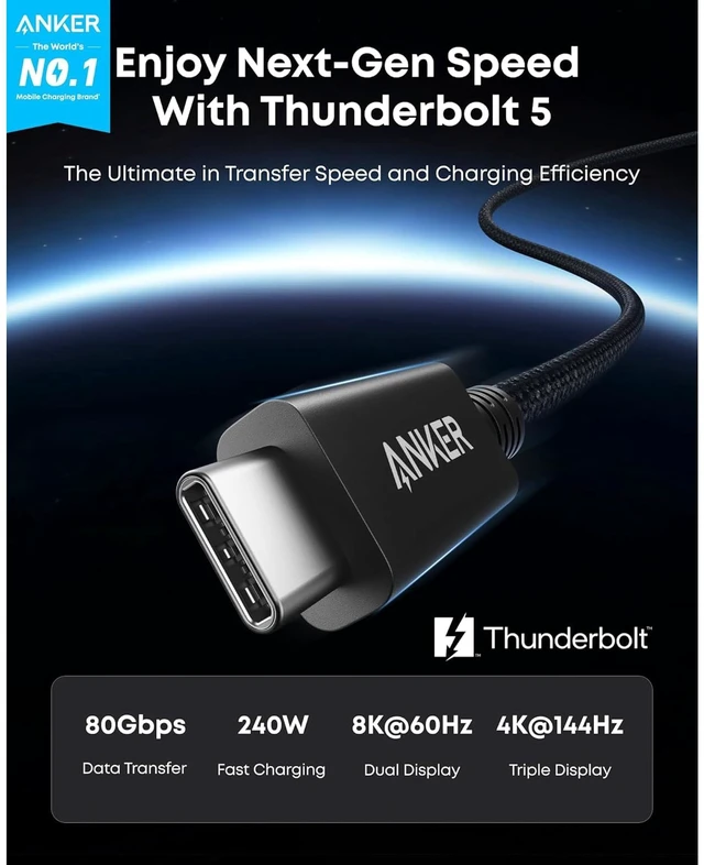Alt view image 5 of 6 - Anker Prime TB5 Docking Station (14-Port, 8K, Thunderbolt 5, 140W Max Charging) + Anker Prime Thunderbolt 5 USB-C to USB-C Cable (3.3 ft, 240W, 80 Gbps)
