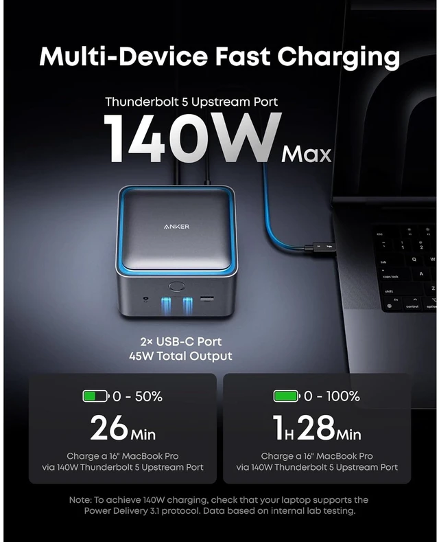 Alt view image 3 of 6 - Anker Prime TB5 Docking Station (14-Port, 8K, Thunderbolt 5, 140W Max Charging) + Anker Prime Thunderbolt 5 USB-C to USB-C Cable (3.3 ft, 240W, 80 Gbps)