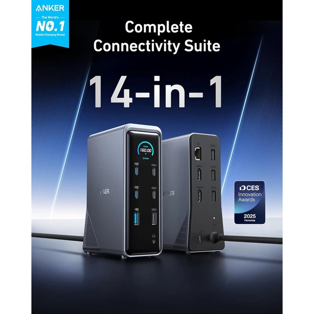 Alt view image 2 of 6 - Anker Prime Docking Station (14-Port, 160W Max Output, 10 Gbps) + Anker Prime Thunderbolt 4 USB-C Cable, (3.3 ft, 240W, 40 Gbps)