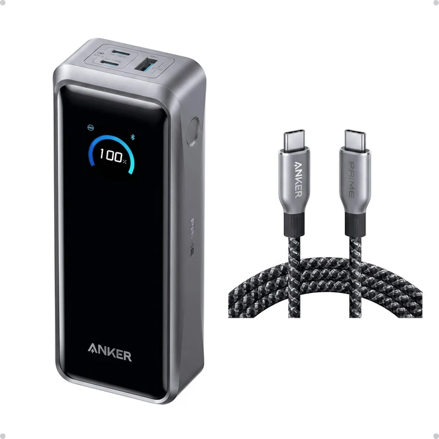 Main image of Anker Prime Power Bank (26K, 300W) + Anker Prime USB-C to USB-C Cable (6 ft, 240W) "300W Total Output Power: Anker Prime Power Bank provides up to 300W max output across two USB-C ports and one USB-A