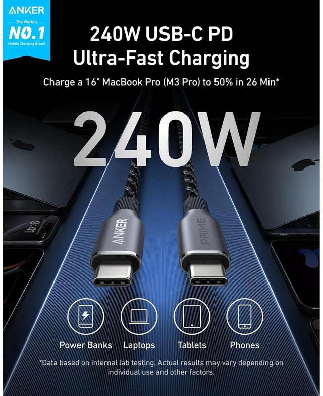 Alt view image 6 of 7 - Anker Prime Power Bank (26K, 300W) + Anker Prime USB-C to USB-C Cable (6 ft, 240W) "300W Total Output Power: Anker Prime Power Bank provides up to 300W max output across two USB-C ports and one USB-A