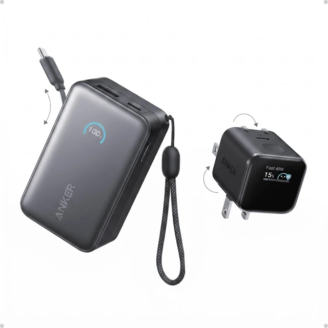 Main image of Anker Nano Power Bank (10K, 45W, Built-In Retractable USB-C Cable) + Anker Nano Charger (45W, Smart Display, 180° Foldable)