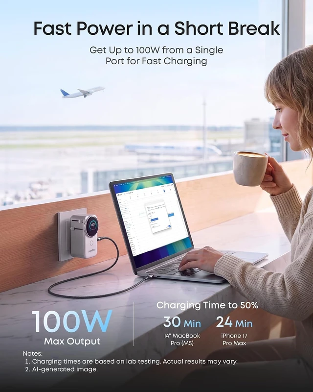 Alt view image 5 of 7 - Anker Universal Charger, 100W GaN USB C Travel Fast Charging, No AC Outlet, Smart Power Allocation, Compact Travel Essentials for MacBook, Laptop, UK/European Plug Adapter(No AU Plug,1 pack)