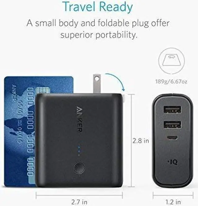 Alt view image 4 of 7 - Anker PowerCore Fusion 5000, Portable Charger 5000mAh 2-in-1 with Dual USB Wall Charger, Foldable AC Plug and PowerIQ, Battery Pack for iPhone, iPad, Android, Samsung Galaxy, and More