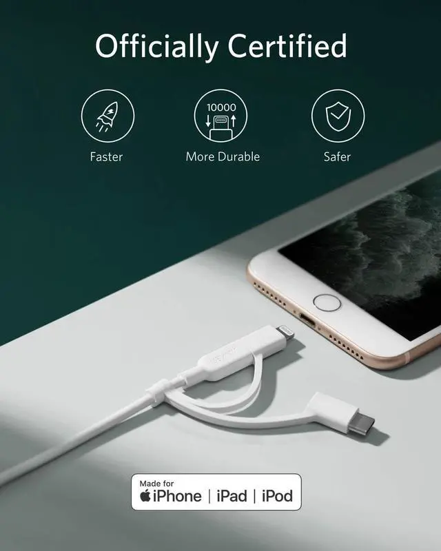 Alt view image 5 of 7 - Anker Powerline II 3-in-1 Cable, Lightning/Type C/Micro USB Cable for iPhone, iPad, Huawei, HTC, LG, Samsung Galaxy, Sony Xperia, Android Smartphones, and More(3ft, White)