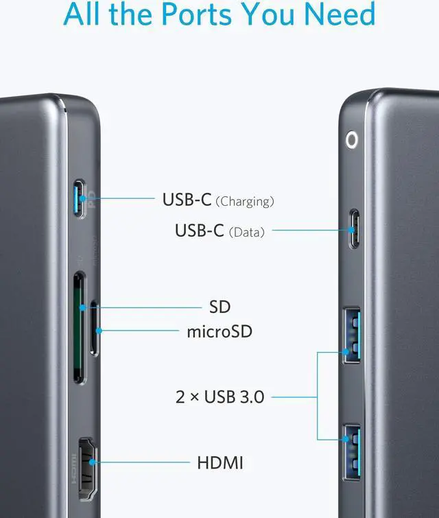 Alt view image 2 of 7 - Anker USB C Hub Adapter, 7-in-1 USB C Adapter, with 4K HDMI, 100W Power Delivery, USB C Data Port, Micro SD and SD Card Reader, 2 USB 3.0 Ports, for MacBook Pro, iPad Pro 2019/2018, Pixelbook, XPS