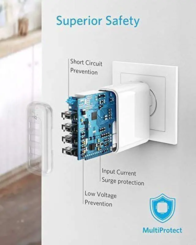 Alt view image 6 of 14 - Anker 40W 4-Port USB Wall Charger with Foldable Plug, PowerPort 4 for iPhone 11/11 Pro/Max/ XS/XS Max/XR /X/8/7/6/Plus, iPad Pro/Air 2/Mini 4/3, Galaxy/Note/Edge, LG, Nexus, HTC, and More (White)