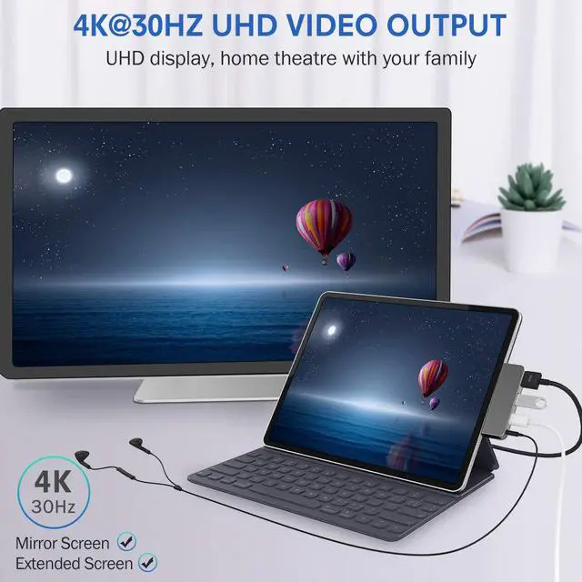 Alt view image 4 of 7 - LUOM USB Type-C Hub for 2018 iPad Pro and MacBook Pro, USB C Hub Adapter with USB-C PD Charging, 4K HDMI, USB 3.0 & 3.5 mm Headphone Jack, Silver