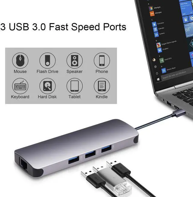Alt view image 5 of 7 - USB C Hub, 9 in 1 USB Type C Hub Adapter Ethernet Port, 4K USB C to HDMI, 3 USB 3.0 Ports, 60W USB C Power Delivery Charging, SD/TF Card Reader, Audio/Mic for MacBook Pro Air, Chromebook Pixel Laptop