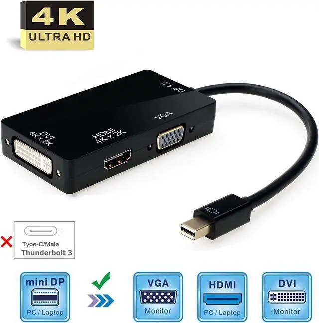 Main image of Mini DisplayPort to HDMI VGA DVI Adapter, 4K Mini DP Thunderbolt 3 in 1 Adapter Video Display Converter for MacBook Air Microsoft Surface Pro 3/4 Surface Book ThinkPad Google Chromebook(4K,Black)