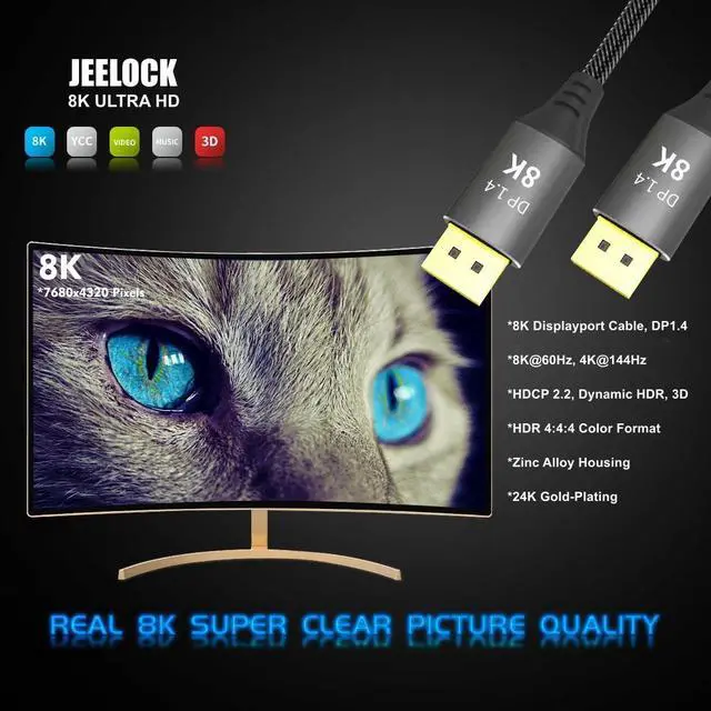 Alt view image 4 of 7 - LUOM DisplayPort Cable Ultra HD 8K 4K Copper Cord DP 1.4 HBR3 8K@60Hz 4K@144Hz High Speed 32.4Gbps HDCP 3D Slim and Flexible DP to DP Cable 3.3ft
