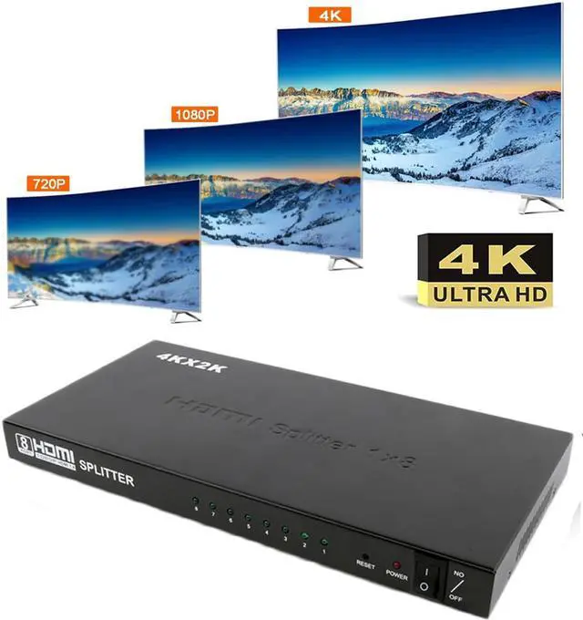Alt view image 2 of 7 - 8 Port 1x8 HDMI Splitter 8 Way HDMI Powered Splitter Ultra HD 4K,Full HD 1080P 3D Support One Input to Eight Outputs Compatible for Projector, HDTV, STB, DVD, PS3 Etc, Power Supply Adapter Include