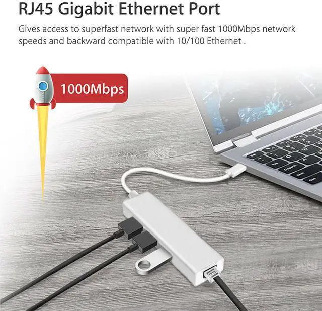 Alt view image 4 of 7 - USB C to Ethernet,LUOM Type C to Gigabit Ethernet with 3 USB 3.0 Aluminum Adapter, 10/100/1000 Mbps Thunderbolt 3 Compatible, for PC Laptop Windows macOs USB Flash Drives etc, Silver
