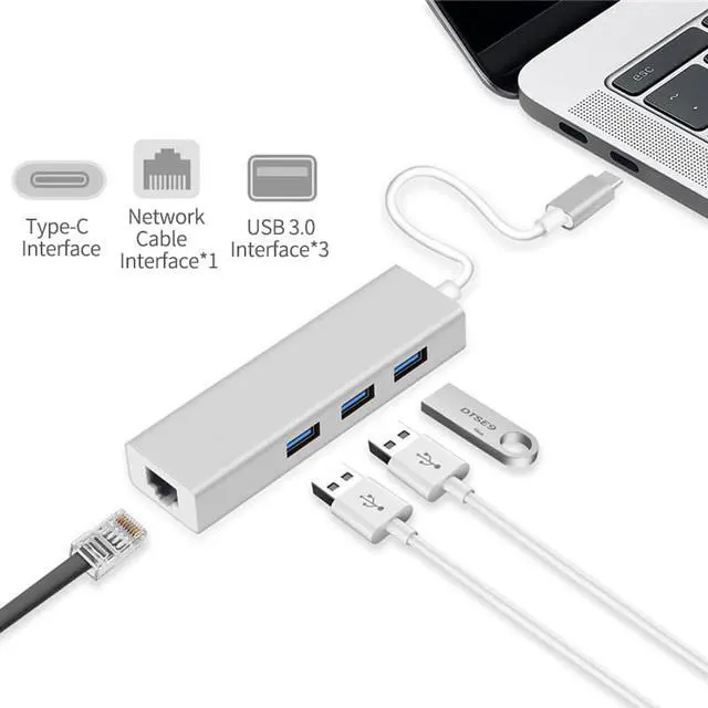Alt view image 3 of 7 - USB C to Ethernet,LUOM Type C to Gigabit Ethernet with 3 USB 3.0 Aluminum Adapter, 10/100/1000 Mbps Thunderbolt 3 Compatible, for PC Laptop Windows macOs USB Flash Drives etc, Gray