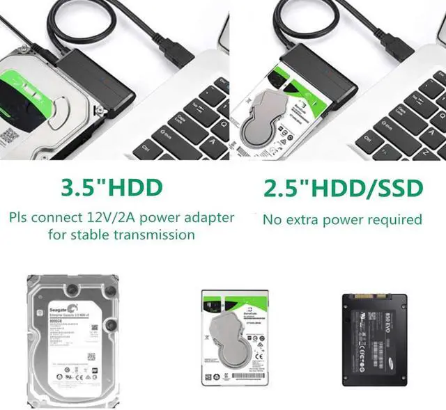 Alt view image 4 of 7 - SATA to USB Cable USB 3.0 to Hard Drive Adapter Converter for 2.5 3.5 Inch Hard Drive Disk HDD SATA III and SSD Support UASP with 12V 2A Power Adapter, for WD, Seagate, Toshiba, Samsung, Hitachi-Black