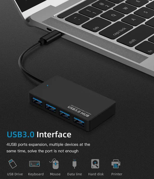 Alt view image 7 of 7 - LUOM USB-C Type-C Hub, 4 Port USB 3.0 Hub , Portable Hub for MacBook, Windows, mac OS, Linux, USB Flash Drives, Mobile HDD etc and Other USB-C Type-C Devices (Black)