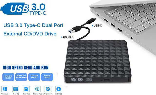 Main image of Diamond External CD DVD Drive Type C USB 3.0 Portable High-Speed CD/DVD +/-RW Drive CD DVD ROM Rewriter Reader Burner Writer for Laptop PC Desktop MacBook Mac Windows 7/8/10 Linux OS Apple  (Black)