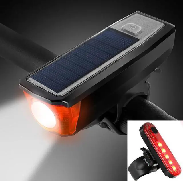 Main image of Solar USB Rechargeable Bicycle Light with Back Taillight, Bike Alarm Bell Horn , 4 Light Modes, Easy to Install for Men Women Kids Road Mountain Cycling