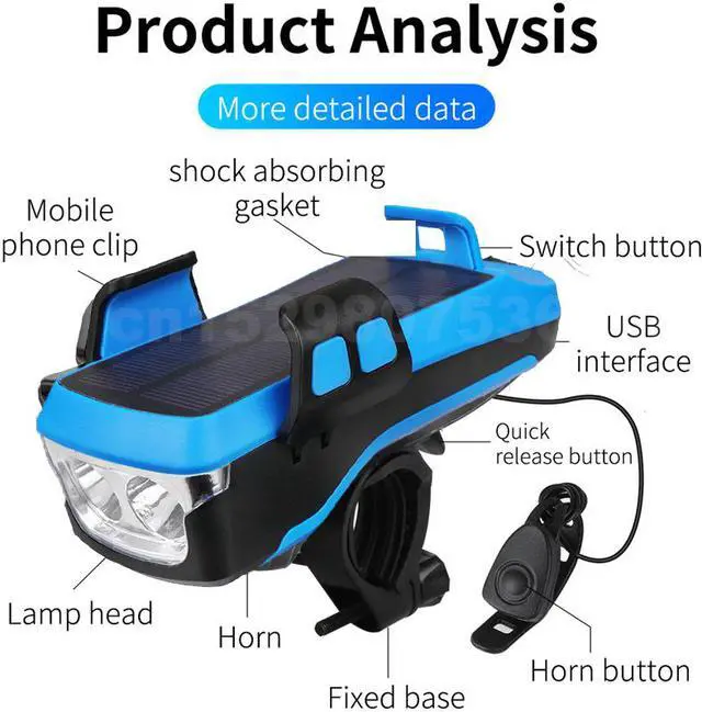Alt view image 3 of 7 - Solar USB Rechargeable Bicycle Light with Back Taillight, Bike Alarm Bell Horn , 4000mAh 800Lumens, 3 Light Modes, Easy to Install for Men Women Kids Road Mountain Cycling