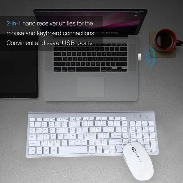 Alt view image 4 of 7 - Wireless Keyboard Mouse Combo,  2.4GHz Slim Full Size Wireless Keyboard and Mouse Set with Number Pad and Nano Receiver for PC Laptop Windows, Quiet and Ergonomic (White)
