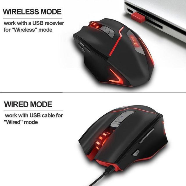 Alt view image 3 of 7 - Zelotes F-18 Gaming Mouse, Wireless/Wired Mouse for Office or FPS Gamers, Adjustable Mouse Length & 7 Buttons, Up to 3200 Adjustable DPI for Windows 7/8/10/XP Vista Linux, Black