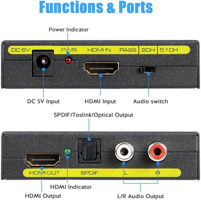 Alt view image 3 of 7 - LUOM HDMI Audio Extractor 4K, Tiancai HDMI to HDMI + RCA R/L or Optical SPDIF Converter, Compatible with Chromecast Fire Stick Blu-Ray Player PS4 Speaker Amplifier Soundbar Headphone, Support 3D CEC