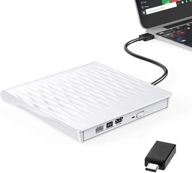 Main image of External CD DVD Drive, USB 3.0 Type-C Portable CD/DVD /-RW Drive/DVD Optical Drive disc Player for Laptop Slim CD ROM Rewriter Burner Compatible with Mac Laptop Desktop PC Windows Linux OS(White)