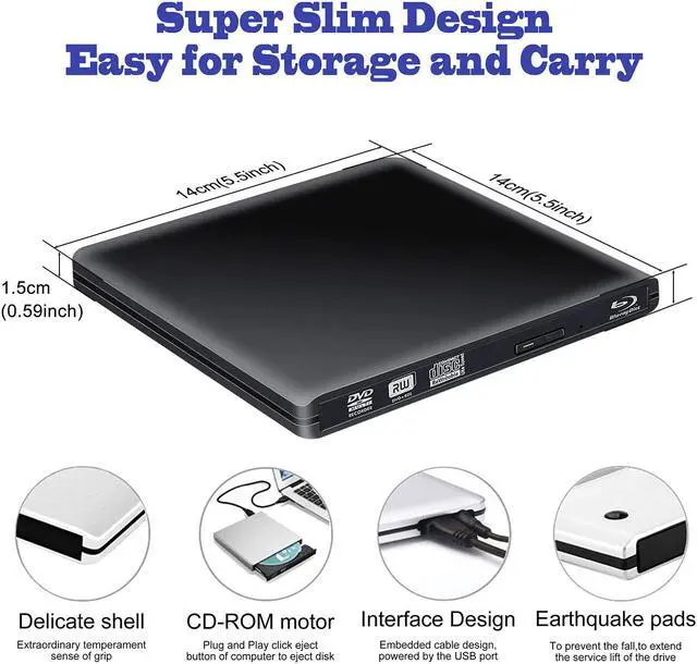Alt view image 4 of 7 - LUOM Aluminum External Blu-Ray/DVD/CD Player Drive, USB 3.0 Type-C External DVD CD ROM Burner, Portable DVD Player, CD RW Optical Drive, For Laptop Desktop PC Windows Linux OS Apple Mac, Black