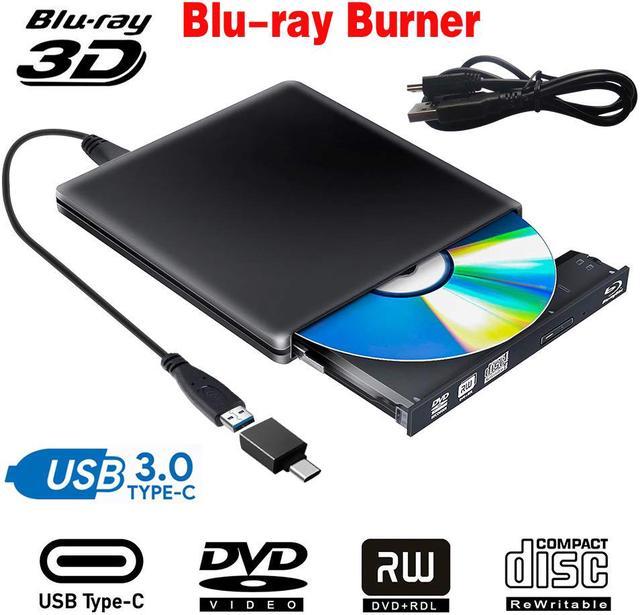 LUOM Aluminum Slim USB 3.0/Type C External Blu-Ray Burner Drive, Portable CD/DVD +/-RW Drive Ultra-Thin DVD/CD ROM Rewriter For Laptop Desktop PC Windows Linux OS Apple Mac, Black External CD /
