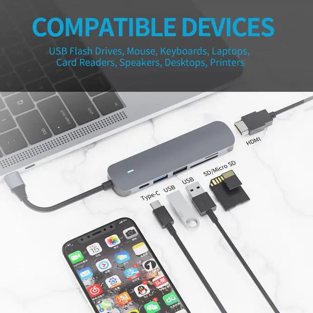 Alt view image 2 of 7 - USB C Hub, 6-in-1 USB-C Adapter for MacBook Pro/Air Multiport Dock for USB Type C Laptops - USB-C Dongle with USB 3.0/2.0 Ports 87W Power Delivery, 4K HDMI, Micro SD and SD Card Reader Slots
