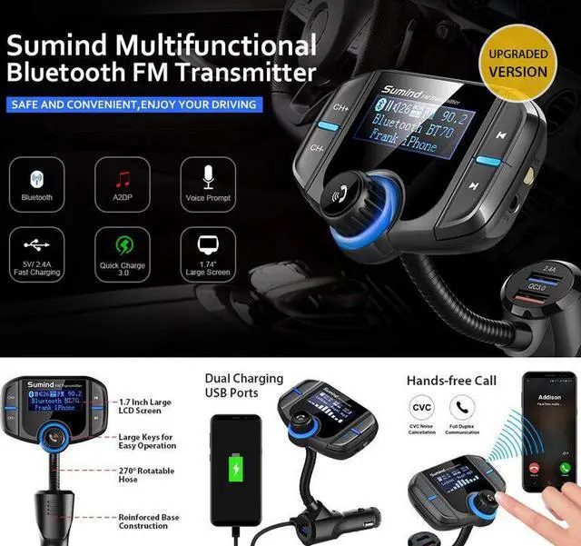 Alt view image 4 of 7 - LUOM BT70 Wireless Car Bluetooth Adapter,Radio FM Transmitters HandsFree Call Receiver and MP3 Music Audio Play,QC3.0 and Smart 2.4A Dual USB Charger,1.7" led Display,Aux Port,TF Card