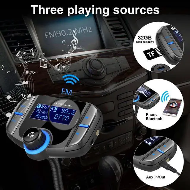 Alt view image 5 of 7 - LUOM BT70 Wireless Car Bluetooth Adapter,Radio FM Transmitters HandsFree Call Receiver and MP3 Music Audio Play,QC3.0 and Smart 2.4A Dual USB Charger,1.7" led Display,Aux Port,TF Card