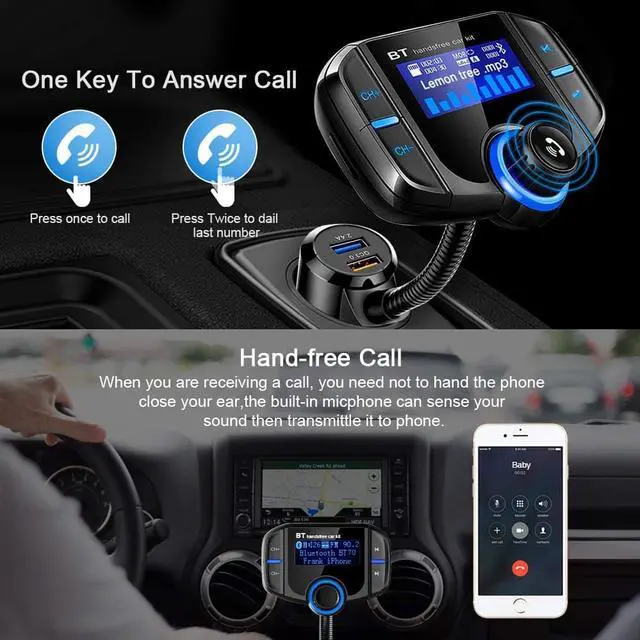 Alt view image 6 of 7 - LUOM BT70 Wireless Car Bluetooth Adapter,Radio FM Transmitters HandsFree Call Receiver and MP3 Music Audio Play,QC3.0 and Smart 2.4A Dual USB Charger,1.7" led Display,Aux Port,TF Card