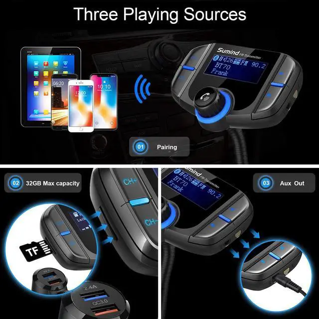 Alt view image 5 of 7 - LUOM Bluetooth Car FM Transmitter Audio Adapter Receiver Wireless Handsfree Voltmeter Car Kit TF Card AUX USB 1.7 Display with QC3.0/2.4A Quick Charger- BT70