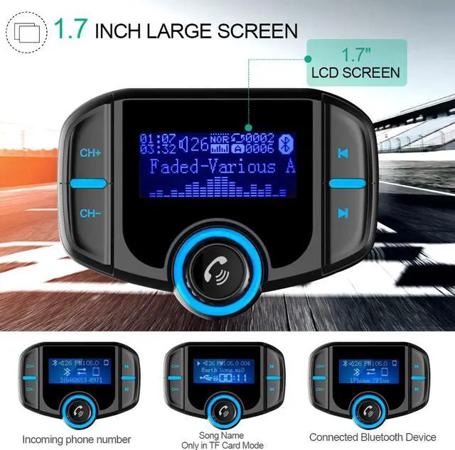 Alt view image 4 of 7 - LUOM BT70 (2021 Version) FM Transmitter with 1.7 Inch led Display, Bluetooth FM Transmitter Wireless Radio Adapter Car Kit with Dual USB Charging Car Charger MP3 Player Support TF Card & USB Disk