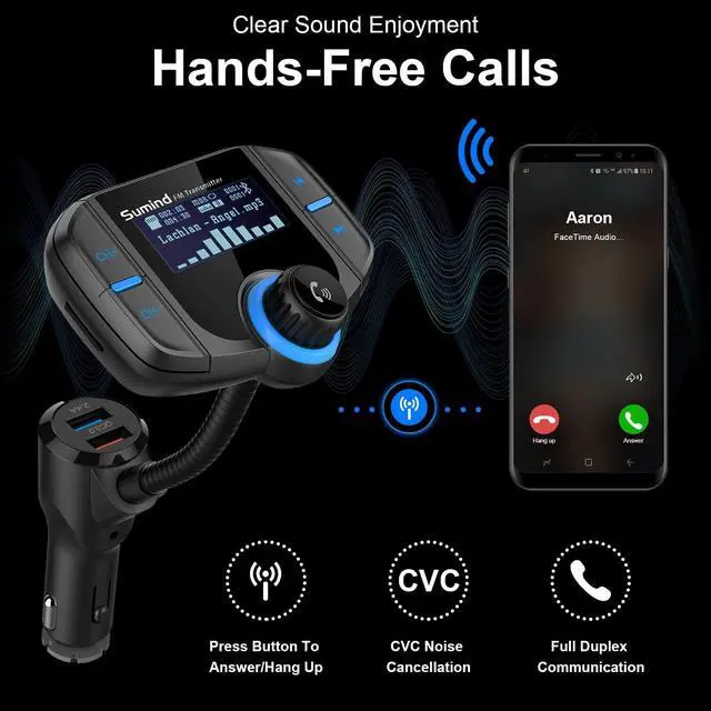 Alt view image 7 of 7 - LUOM Bluetooth Car FM Transmitter Audio Adapter Receiver Wireless Handsfree Voltmeter Car Kit TF Card AUX USB 1.7 Display with QC3.0/2.4A Quick Charger- BT70