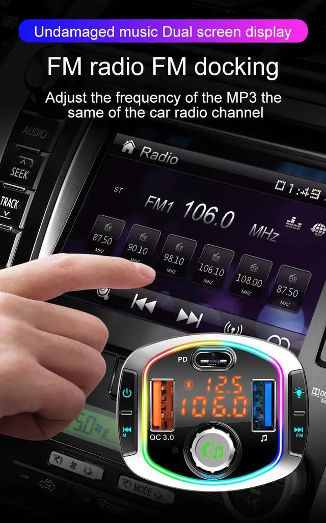 Alt view image 6 of 7 - (2021 Version) FM Transmitter, Bluetooth 5.0 FM Transmitter Wireless Radio Adapter Car Kit with QC3.0/18W Dual USB Charging + USB-C PD Car Charger MP3 Player, LED Backlit Support TF Card & USB Disk