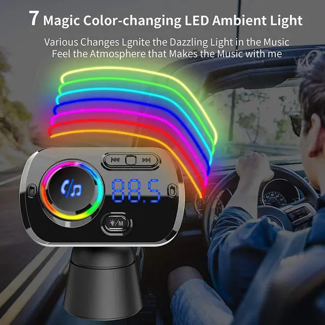 Alt view image 6 of 7 - Upgraded Version Car Bluetooth 5.0 FM Transmitter - Payant Bluetooth Car Charger Adapter with 7 Colors LED Backlit/QC3.0 Dual USB Ports, Bluetooth Adapter FM Transmitter Support TF Card/AUX for Car
