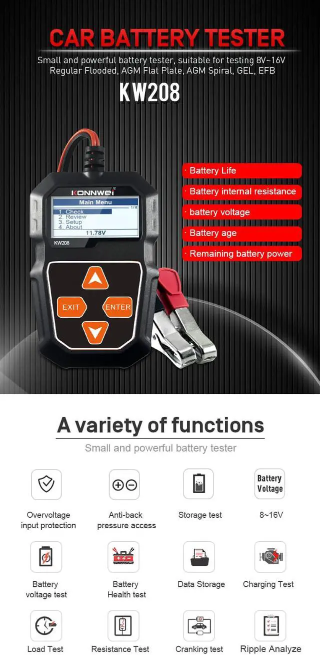 Alt view image 3 of 7 - KW208 12V 100-2000 CCA Car Battery Tester Auto Battery Load Tester Charging Cranking System Analyzer With Pure Copper Alligator Rings Clips  for Car Boat Motorcycle Truck Marine