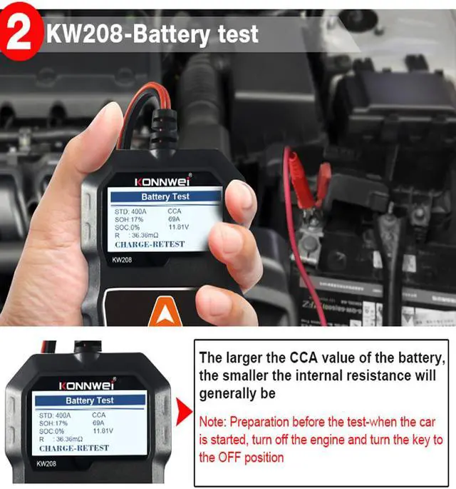 Alt view image 5 of 7 - KW208 12V 100-2000 CCA Car Battery Tester Auto Battery Load Tester Charging Cranking System Analyzer With Pure Copper Alligator Rings Clips  for Car Boat Motorcycle Truck Marine
